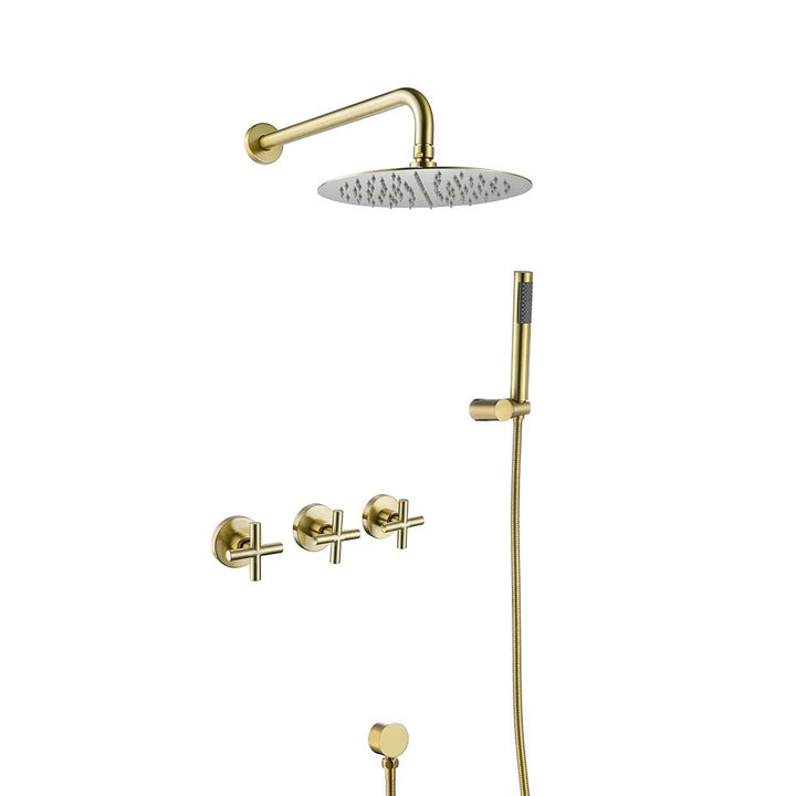 Luxury Concealed Brushed Gold Three - Handle Rain Shower System - 5 Years Warranty - conceal showerBathroomLux