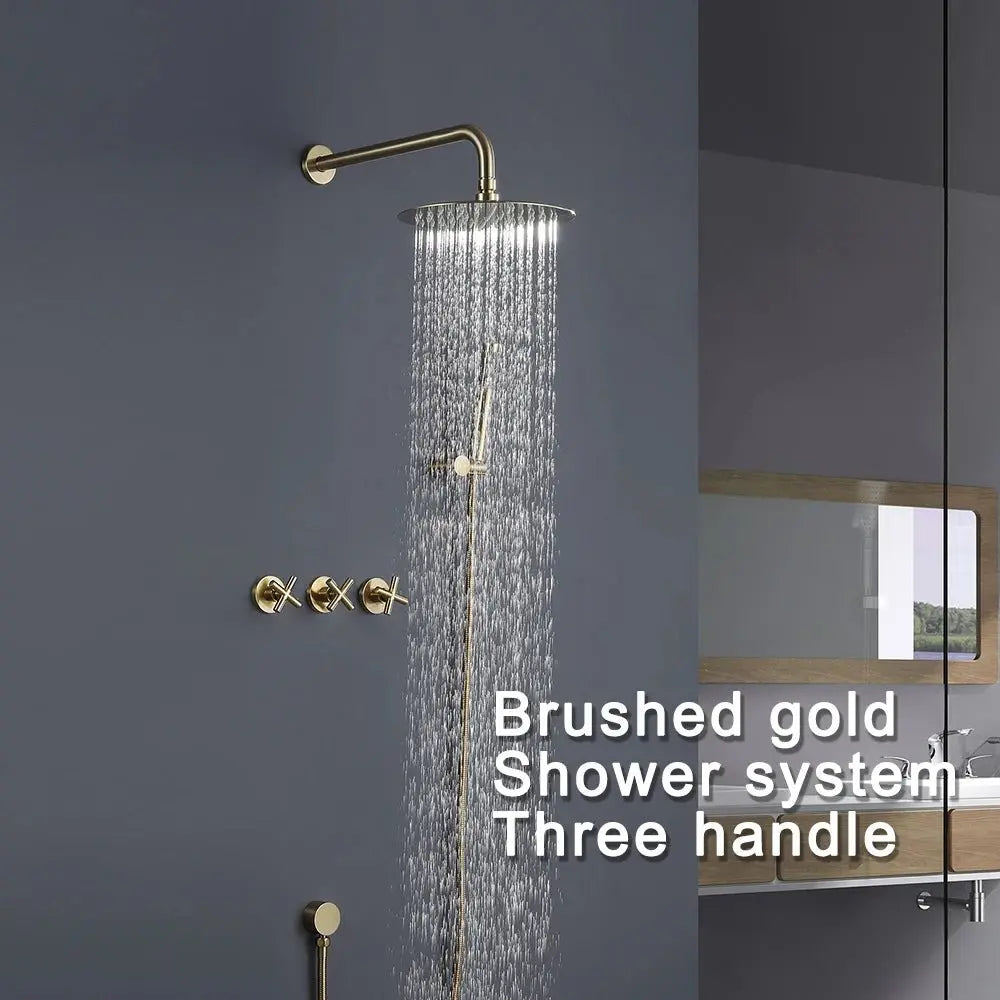 Concealed Shower System Brushed Gold ThreeHandle Rain BathroomLux
