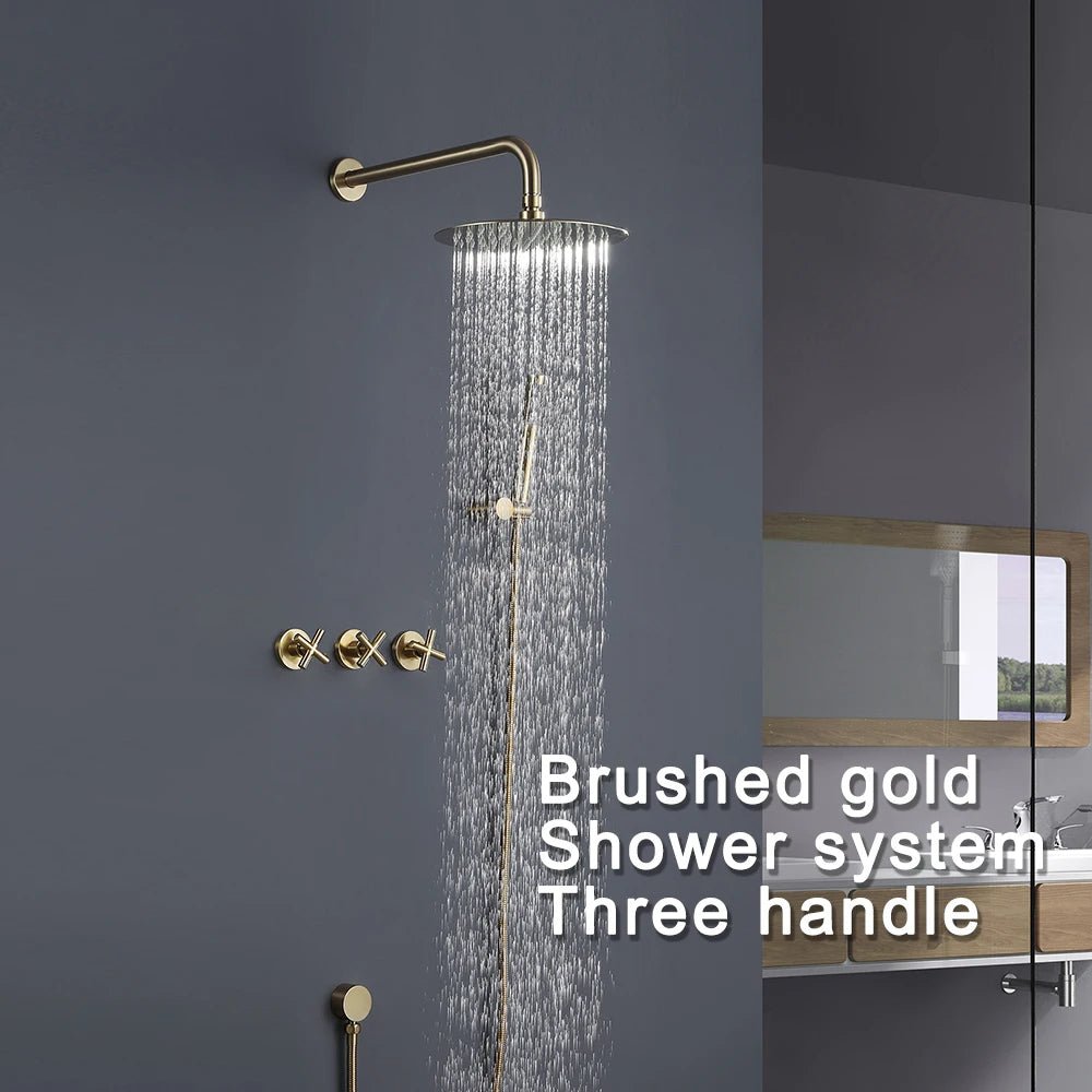 Luxury Concealed Brushed Gold Three - Handle Rain Shower System - 5 Years Warranty - conceal showerBathroomLux