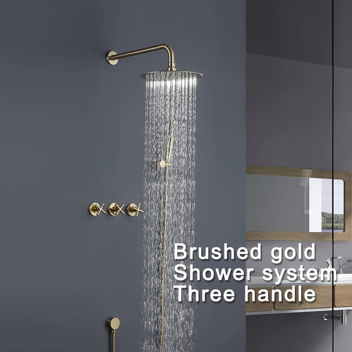 Luxury Concealed Brushed Gold Three - Handle Rain Shower System - 5 Years Warranty - conceal showerBathroomLux