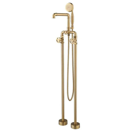Luxury Freestanding Bath Faucet – Brushed Gold, Dual Handle, Antique Finish - Freestanding Bath FaucetBathroomLux