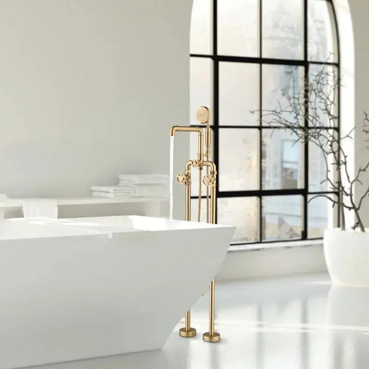 Luxury Freestanding Bath Faucet – Brushed Gold, Dual Handle, Antique Finish - Freestanding Bath FaucetBathroomLux