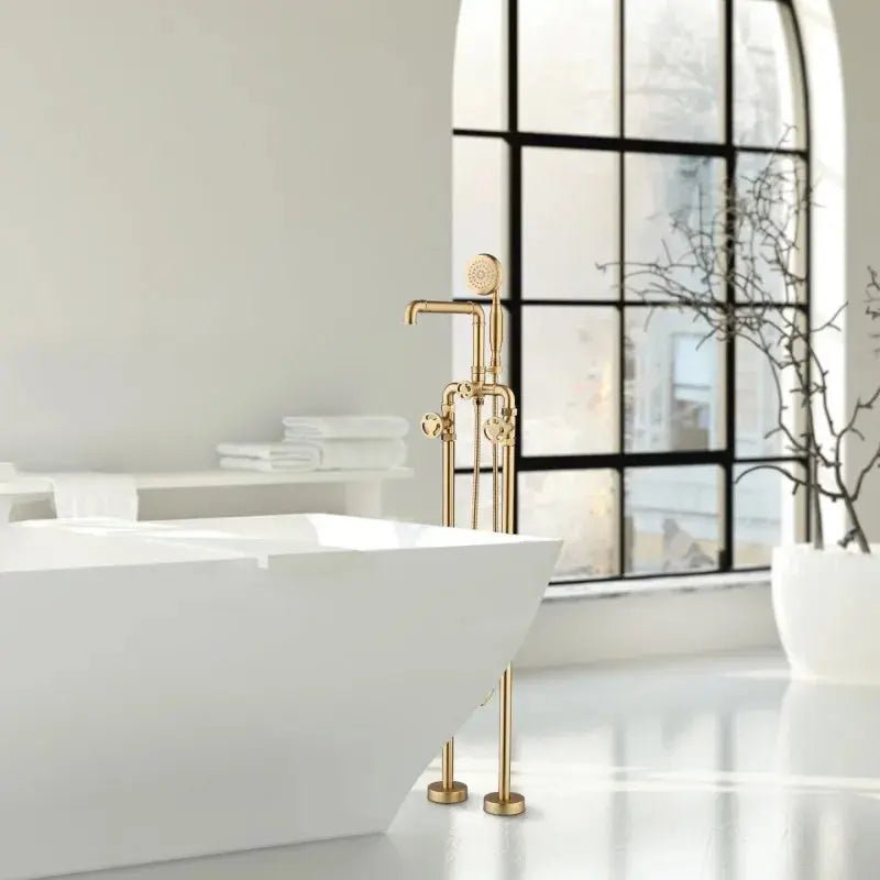Luxury Freestanding Bath Faucet – Brushed Gold, Dual Handle, Antique Finish - Freestanding Bath FaucetBathroomLux