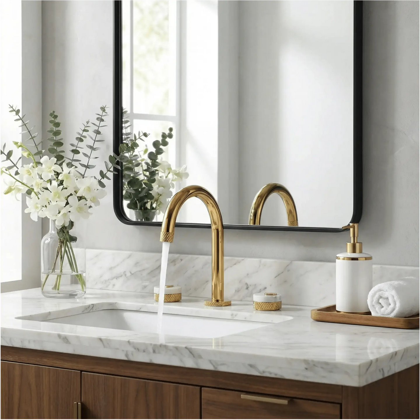 Luxury Gold 3 - Hole Basin Bathroom Faucet with Dual Marble Knob Handles WaterMark - Gold 3 - Hole Basin Mixer TapBathroomLux