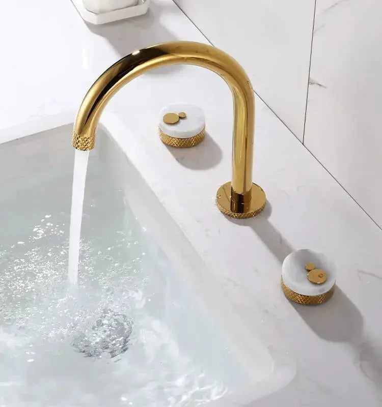 Luxury Gold 3 - Hole Basin Bathroom Faucet with Dual Marble Knob Handles WaterMark - Gold 3 - Hole Basin Mixer TapBathroomLux