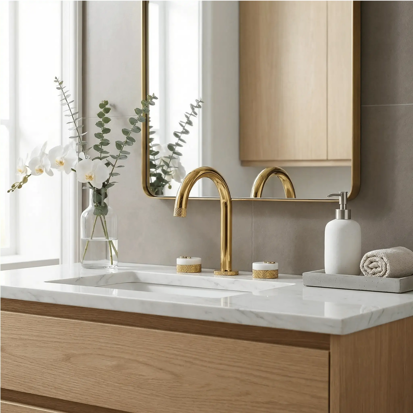 Luxury Gold 3 - Hole Basin Bathroom Faucet with Dual Marble Knob Handles WaterMark - Gold 3 - Hole Basin Mixer TapBathroomLux