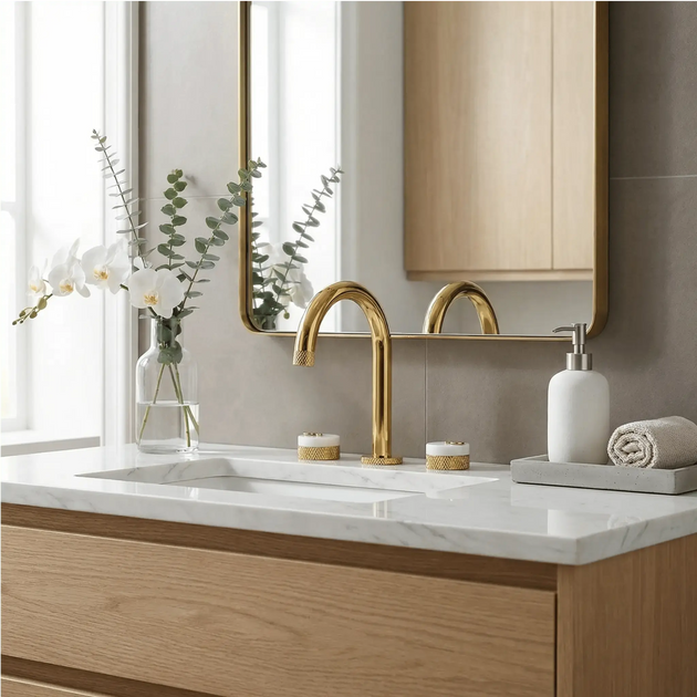 Luxury Gold 3 - Hole Basin Bathroom Faucet with Dual Marble Knob Handles WaterMark - Gold 3 - Hole Basin Mixer TapBathroomLux