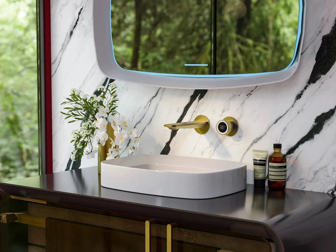 Luxury Gold Brass Wall Mounted Sink Faucet Digital Display Water Mixer Tap - wall mounted bath tapsBathroomLux