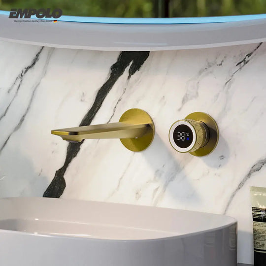 Luxury Gold Brass Wall Mounted Sink Faucet Digital Display Water Mixer Tap BathroomLux