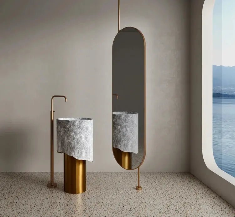 Luxury Golden Stainless Steel Pedestal with Artificial Stone Wash Basin - luxury pedestal sinkBathroomLux