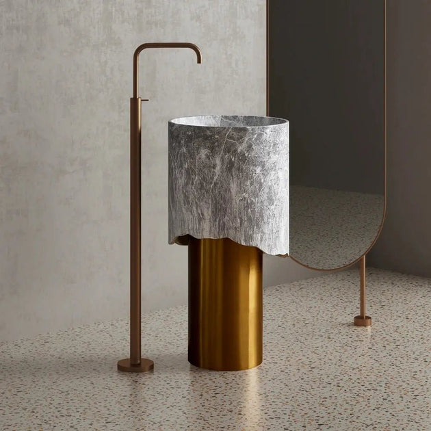 Luxury Golden Stainless Steel Pedestal with Artificial Stone Wash Basin - luxury pedestal sinkBathroomLux