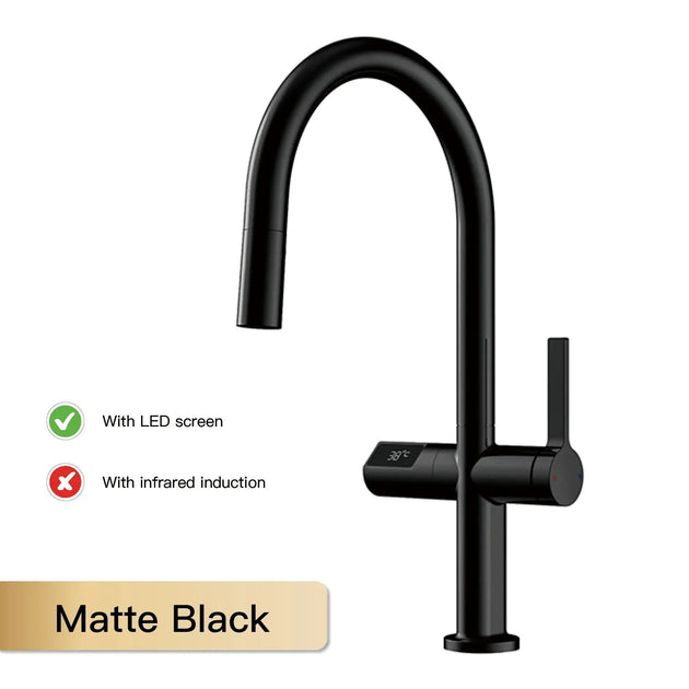 Luxury Gun Gray Brass Kitchen Faucet – LED, Pull - Out, Hot & Cold Tap - Pull - Out Retractable SpoutBathroomLux