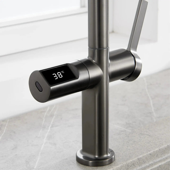 Luxury Gun Gray Brass Kitchen Faucet – LED, Pull - Out, Hot & Cold Tap - Pull - Out Retractable SpoutBathroomLux