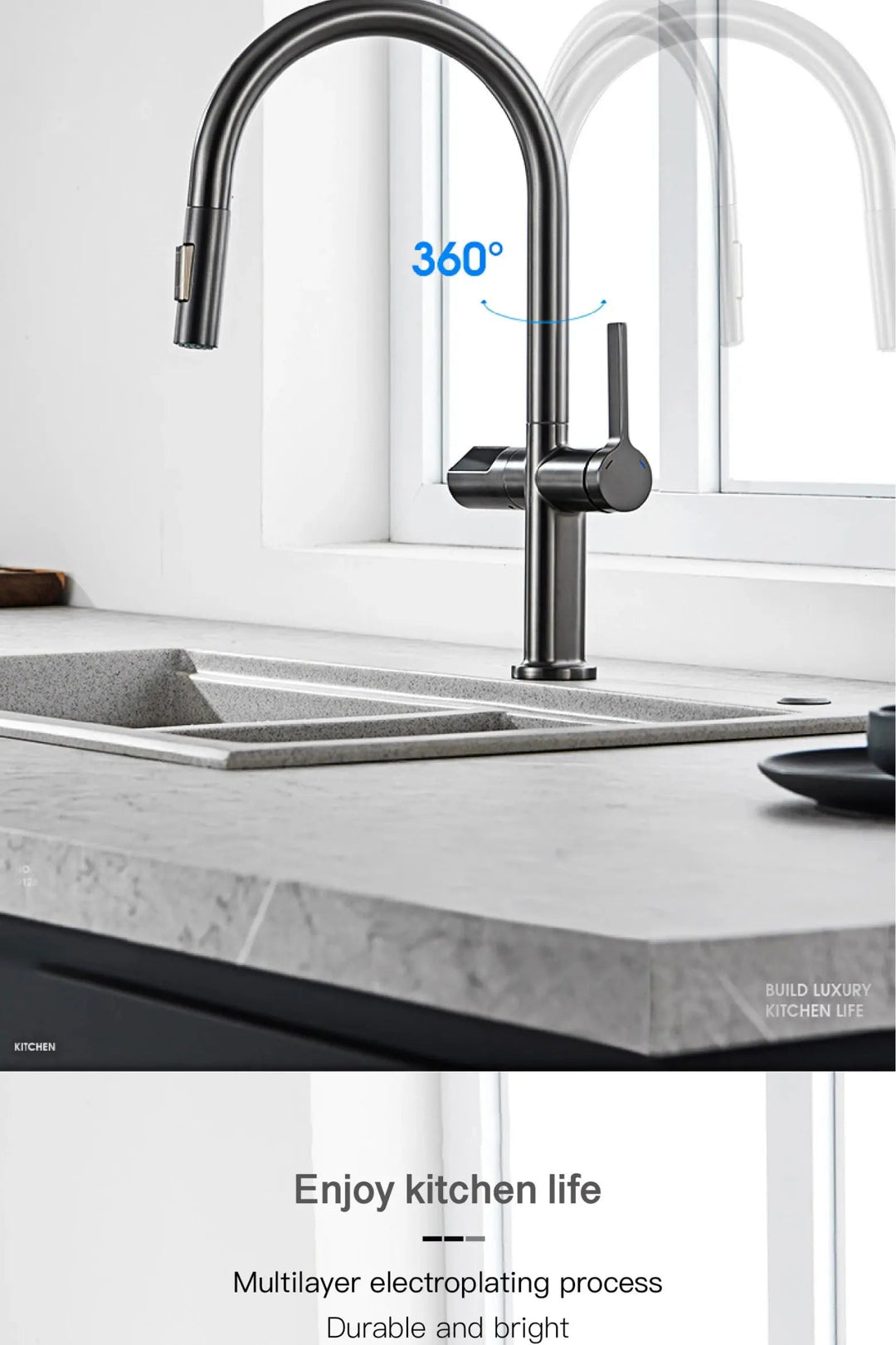 Luxury Gun Gray Brass Kitchen Faucet – LED, Pull - Out, Hot & Cold Tap - Pull - Out Retractable SpoutBathroomLux