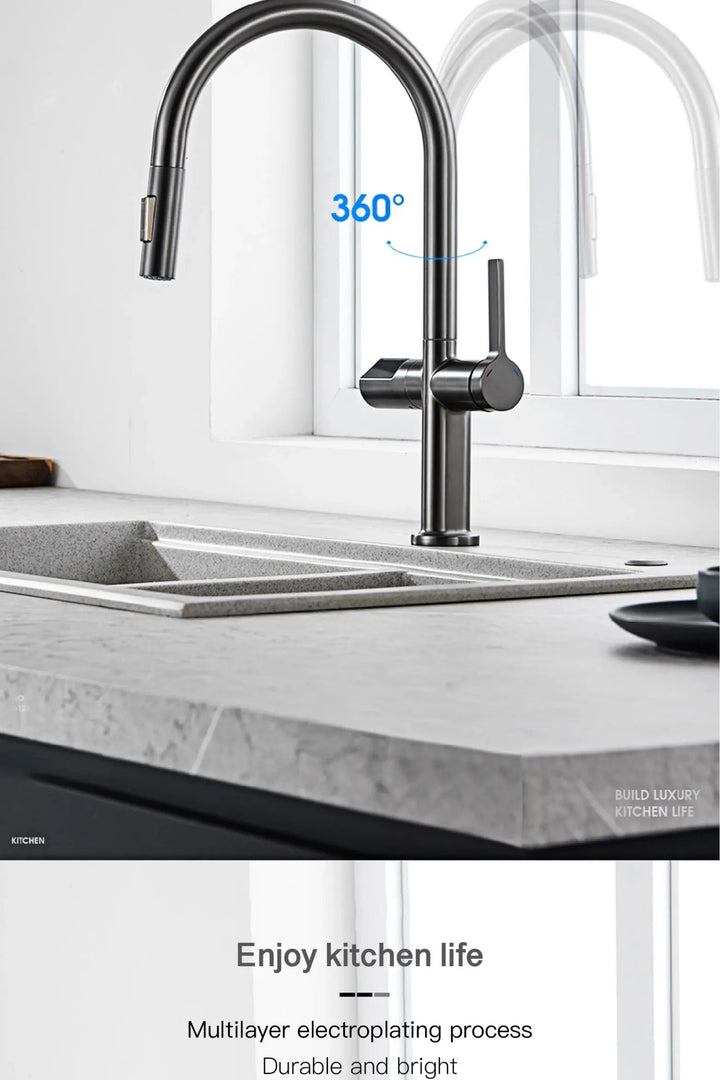 Luxury Gun Gray Brass Kitchen Faucet – LED, Pull - Out, Hot & Cold Tap - Pull - Out Retractable SpoutBathroomLux