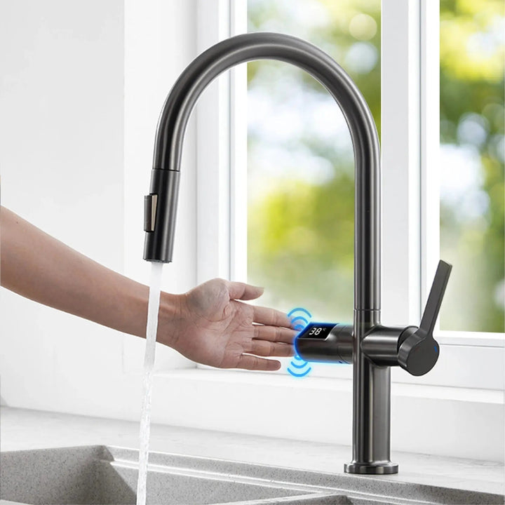 Luxury Gun Gray Brass Kitchen Faucet – LED, Pull - Out, Hot & Cold Tap - Pull - Out Retractable SpoutBathroomLux