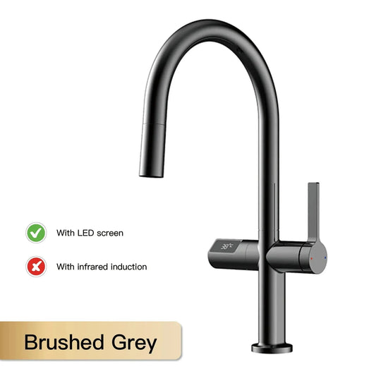 Luxury Gun Gray Brass Kitchen Faucet – LED, Pull - Out, Hot & Cold Tap - Pull - Out Retractable SpoutBathroomLux