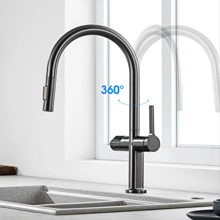 Luxury Gun Gray Brass Kitchen Faucet – LED, Pull - Out, Hot & Cold Tap - Pull - Out Retractable SpoutBathroomLux