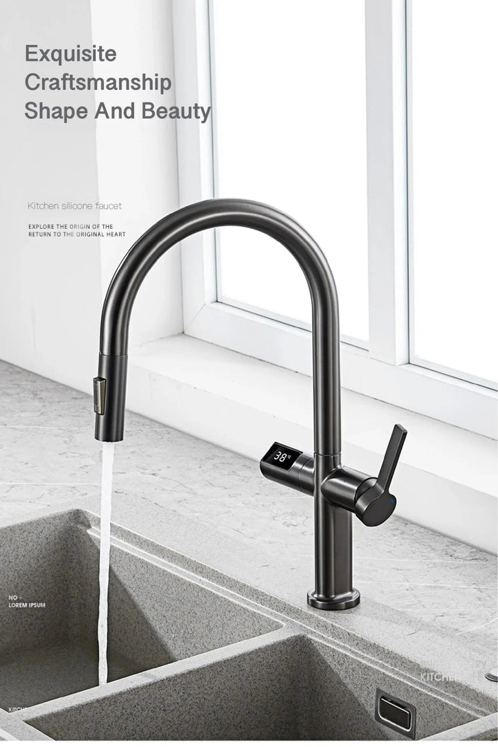 Luxury Gun Gray Brass Kitchen Faucet – LED, Pull - Out, Hot & Cold Tap - Pull - Out Retractable SpoutBathroomLux