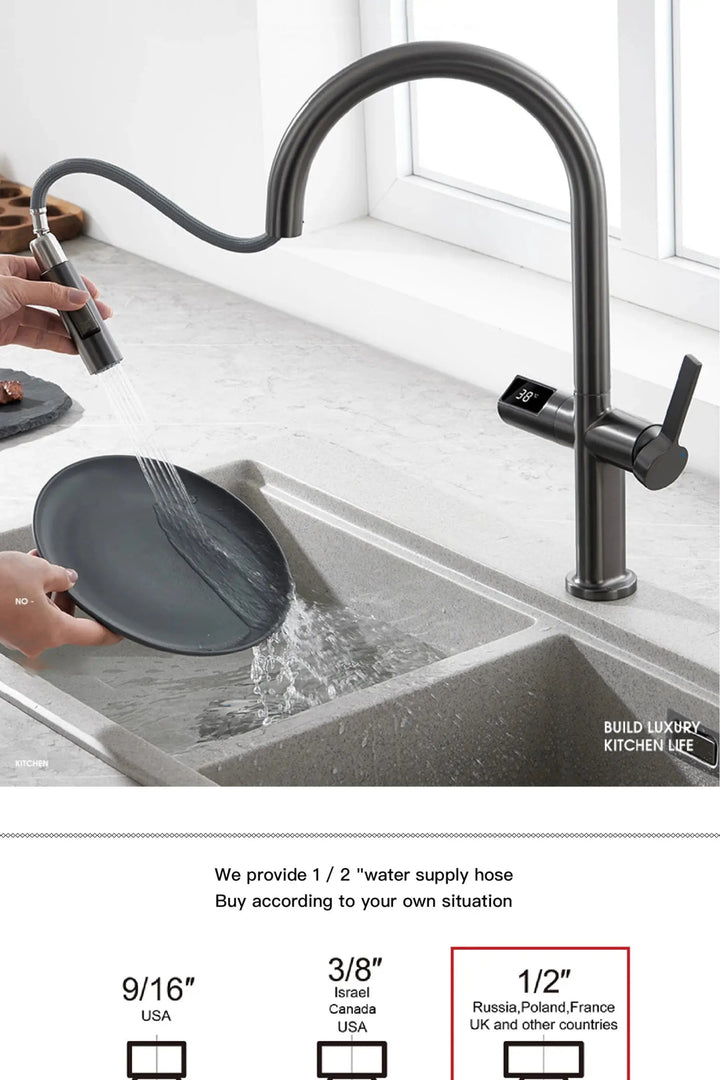 Luxury Gun Gray Brass Kitchen Faucet – LED, Pull - Out, Hot & Cold Tap - Pull - Out Retractable SpoutBathroomLux