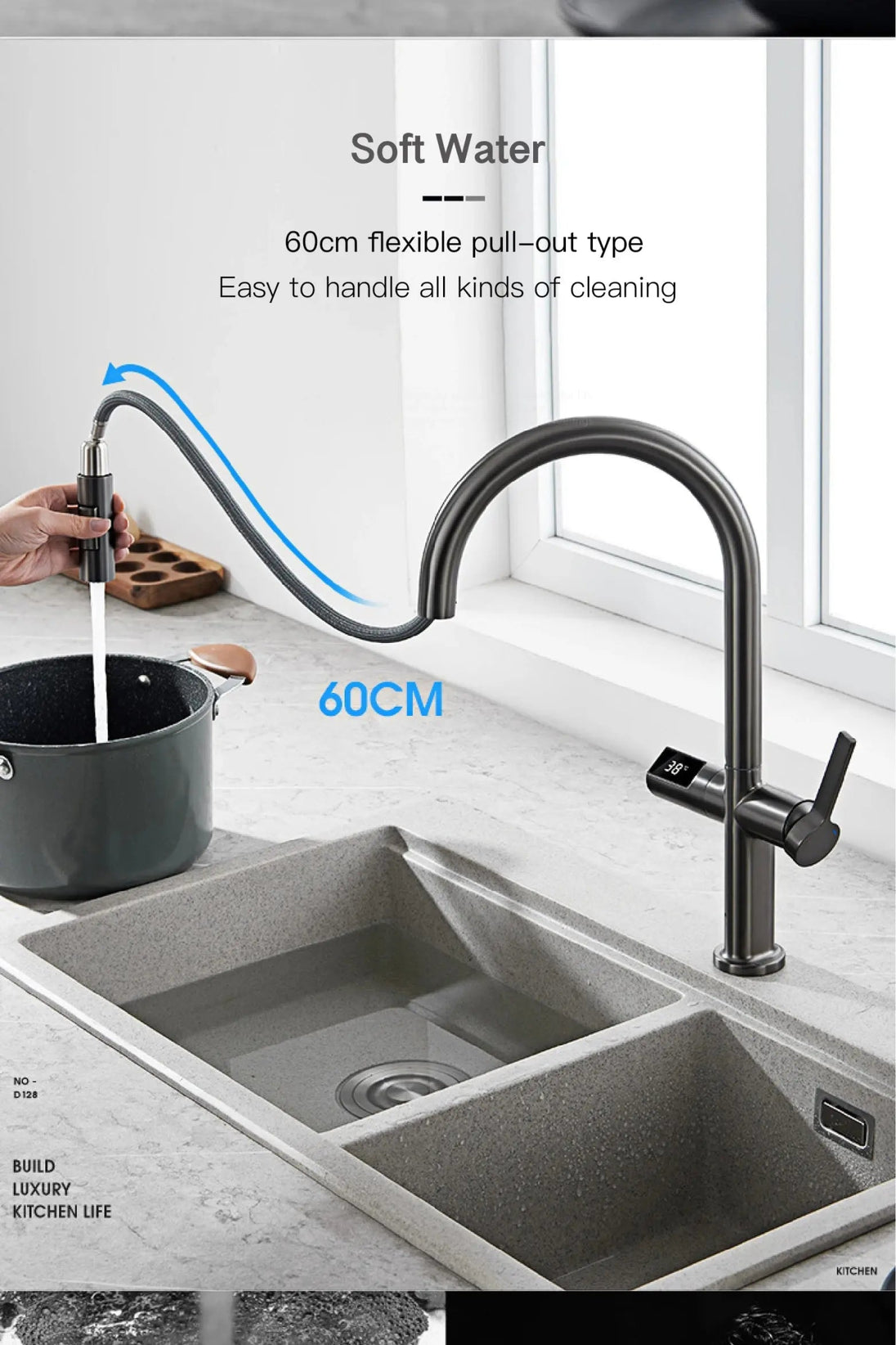 Luxury Gun Gray Brass Kitchen Faucet – LED, Pull - Out, Hot & Cold Tap - Pull - Out Retractable SpoutBathroomLux
