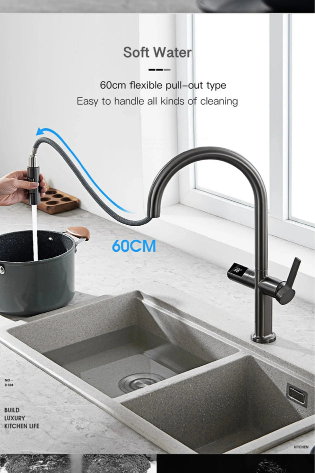 Luxury Gun Gray Brass Kitchen Faucet – LED, Pull - Out, Hot & Cold Tap - Pull - Out Retractable SpoutBathroomLux