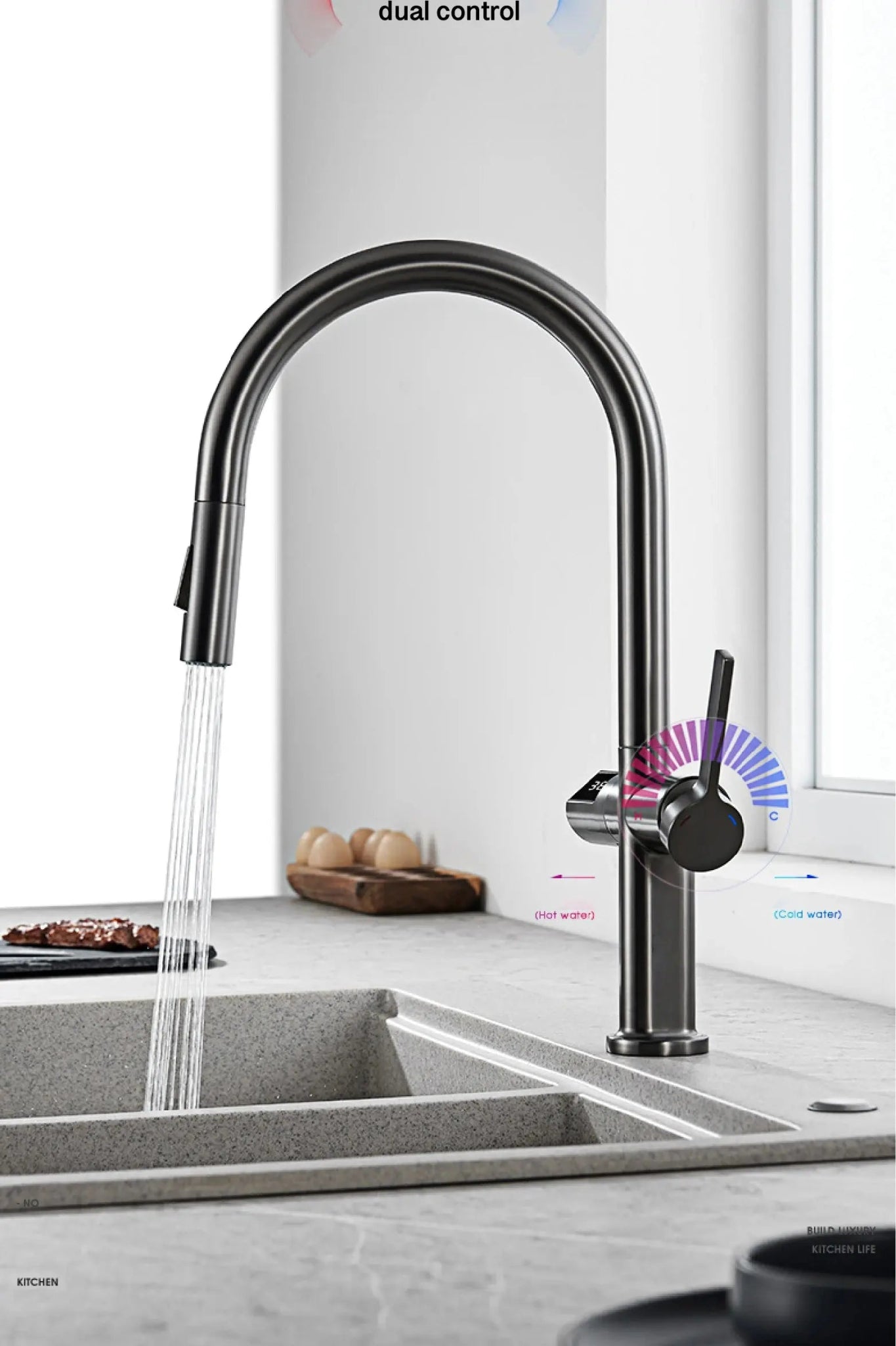 Luxury Gun Gray Brass Kitchen Faucet – LED, Pull - Out, Hot & Cold Tap - Pull - Out Retractable SpoutBathroomLux