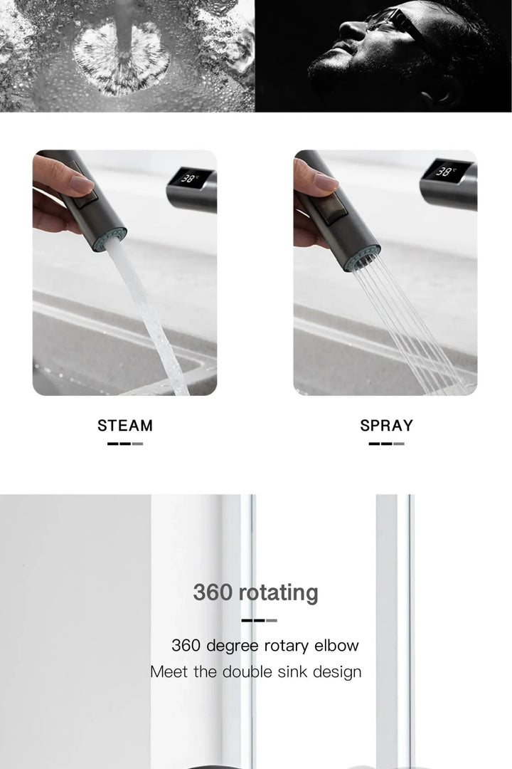 Luxury Gun Gray Brass Kitchen Faucet – LED, Pull - Out, Hot & Cold Tap - Pull - Out Retractable SpoutBathroomLux
