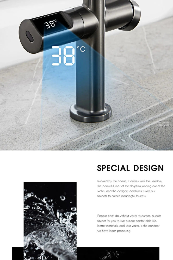 Luxury Gun Gray Brass Kitchen Faucet – LED, Pull - Out, Hot & Cold Tap - Pull - Out Retractable SpoutBathroomLux