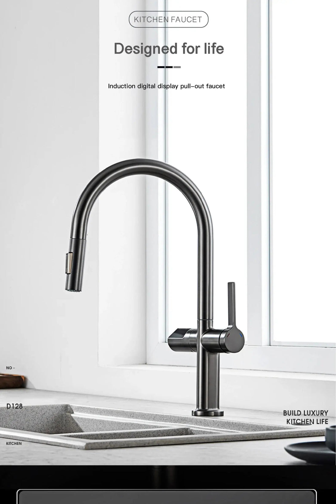 Luxury Gun Gray Brass Kitchen Faucet – LED, Pull - Out, Hot & Cold Tap - Pull - Out Retractable SpoutBathroomLux