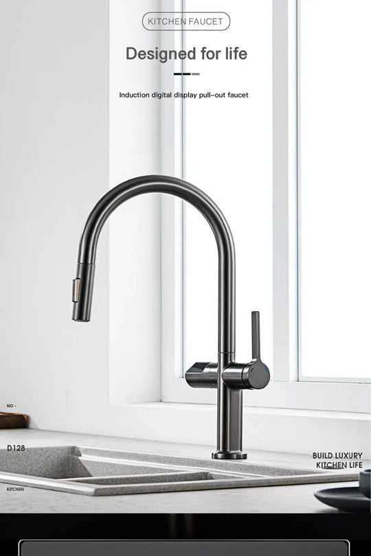 Luxury Gun Gray Brass Kitchen Faucet – LED, Pull - Out, Hot & Cold Tap - Pull - Out Retractable SpoutBathroomLux