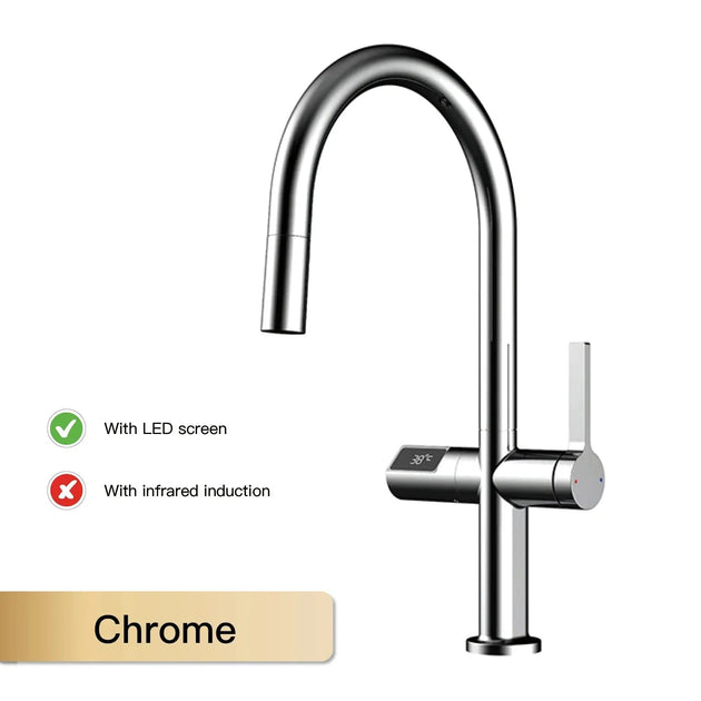 Luxury Gun Gray Brass Kitchen Faucet – LED, Pull - Out, Hot & Cold Tap - Pull - Out Retractable SpoutBathroomLux