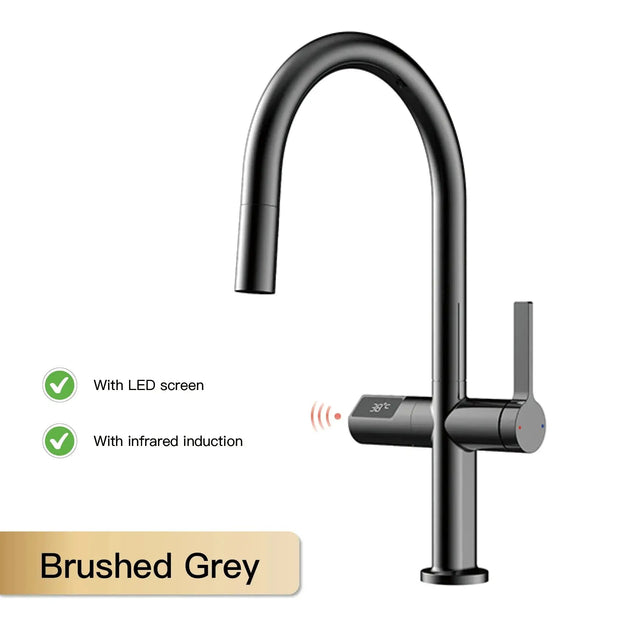 Luxury Gun Gray Brass Kitchen Faucet – LED, Pull - Out, Hot & Cold Tap - Pull - Out Retractable SpoutBathroomLux