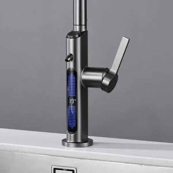 Luxury Gunmetal Grey Waterfall Pull - Out Digital Kitchen Faucet with Water Purifier - Waterfall Pull - Out Digital Kitchen Faucet with Water PurifierBathroomLux