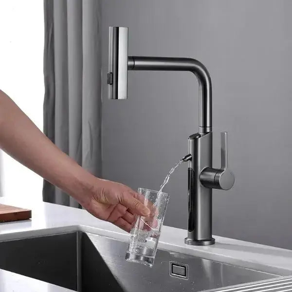Luxury Gunmetal Grey Waterfall Pull - Out Digital Kitchen Faucet with Water Purifier - Waterfall Pull - Out Digital Kitchen Faucet with Water PurifierBathroomLux