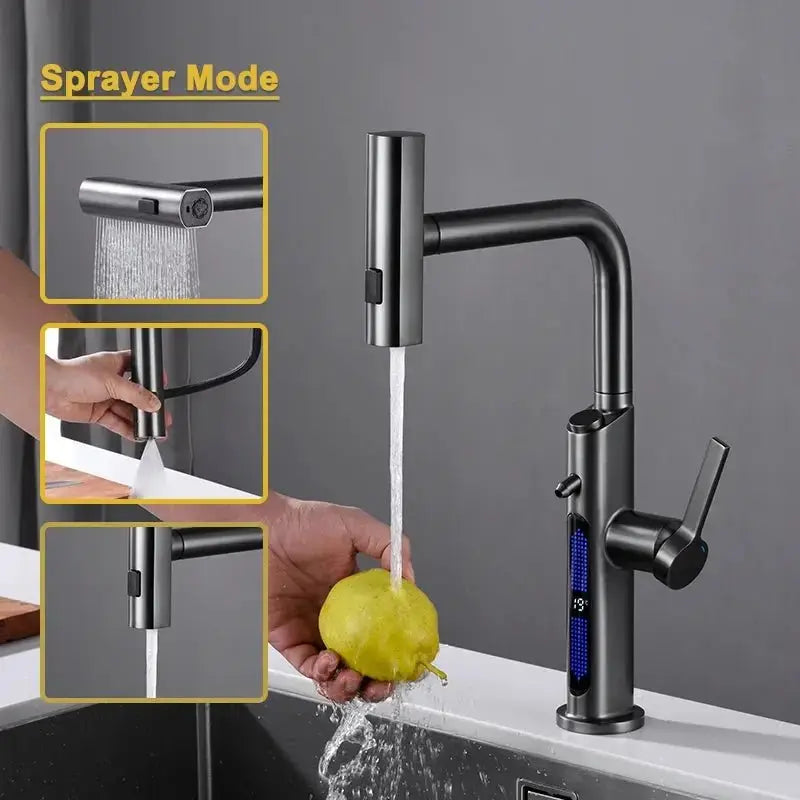 Luxury Gunmetal Grey Waterfall Pull - Out Digital Kitchen Faucet with Water Purifier - Waterfall Pull - Out Digital Kitchen Faucet with Water PurifierBathroomLux