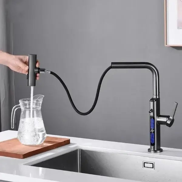 Luxury Gunmetal Grey Waterfall Pull - Out Digital Kitchen Faucet with Water Purifier - Waterfall Pull - Out Digital Kitchen Faucet with Water PurifierBathroomLux