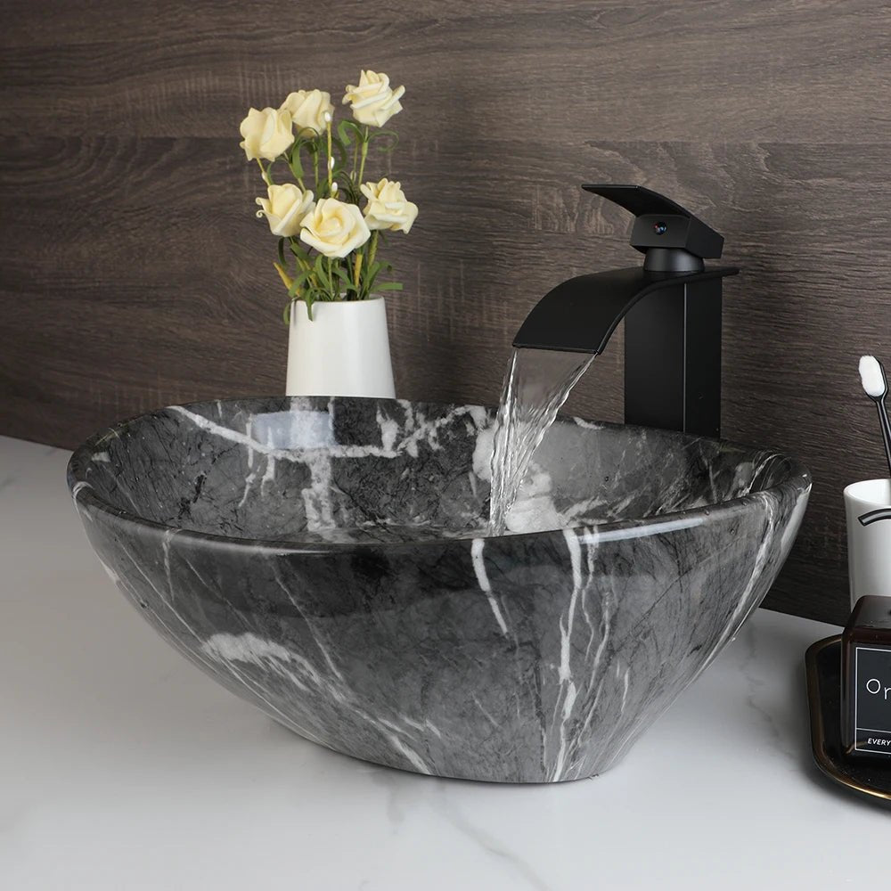 Marble Rectangle Vessel Sink with Faucet & Drain Premium Ceramic Vessel Sink - Bathroom sinkBathroomLux