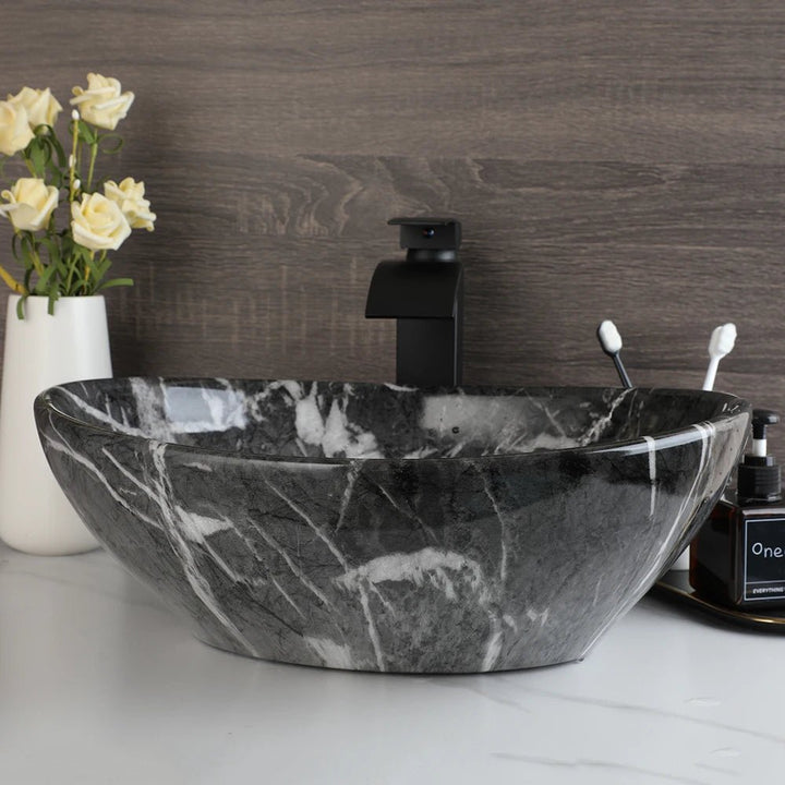 Marble Rectangle Vessel Sink with Faucet & Drain Premium Ceramic Vessel Sink - Bathroom sinkBathroomLux