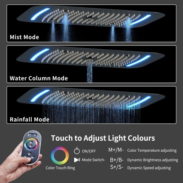 Matte Black Thermostatic LED Shower Panel with Rainfall System - matte black shower panelBathroomLux