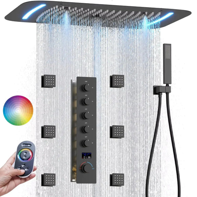 Matte Black Thermostatic LED Shower Panel with Rainfall System - matte black shower panelBathroomLux