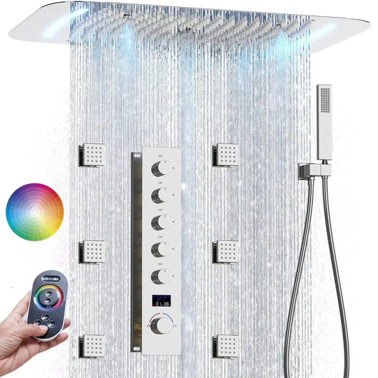 Matte Black Thermostatic LED Shower Panel with Rainfall System - matte black shower panelBathroomLux