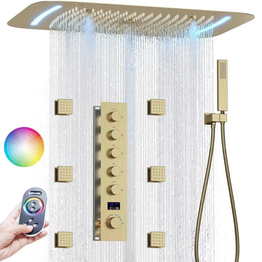 Matte Black Thermostatic LED Shower Panel with Rainfall System - matte black shower panelBathroomLux