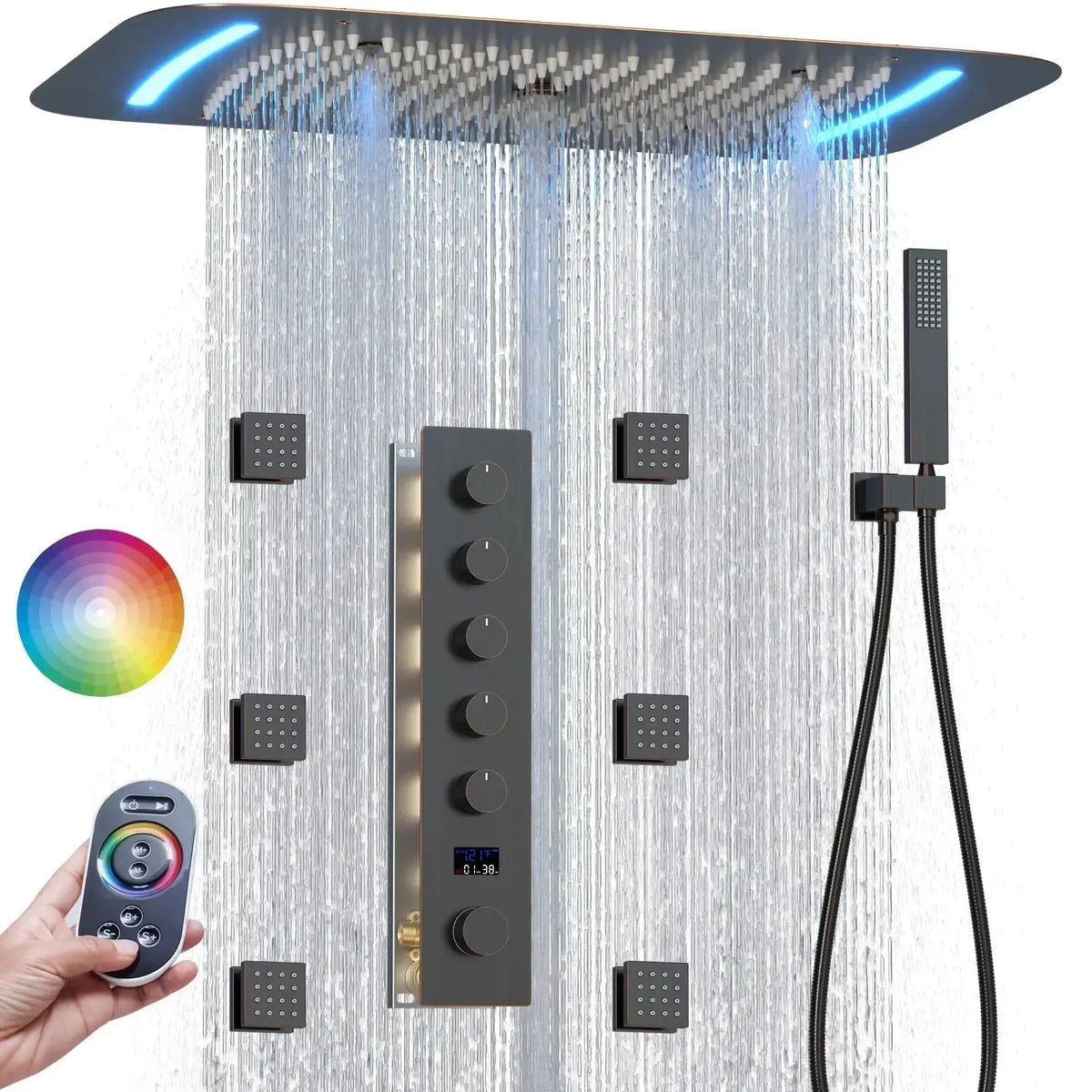 Led Shower Panel Led System Matte Black Thermostatic LED Shower Panel with Rainfall System ...