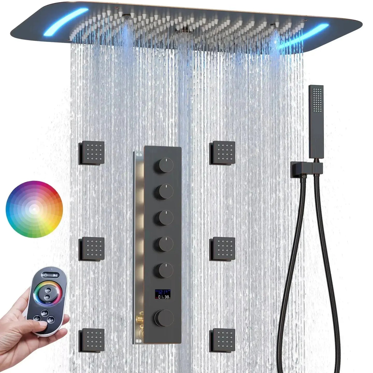 Matte Black Thermostatic LED Shower Panel with Rainfall System - matte black shower panelBathroomLux