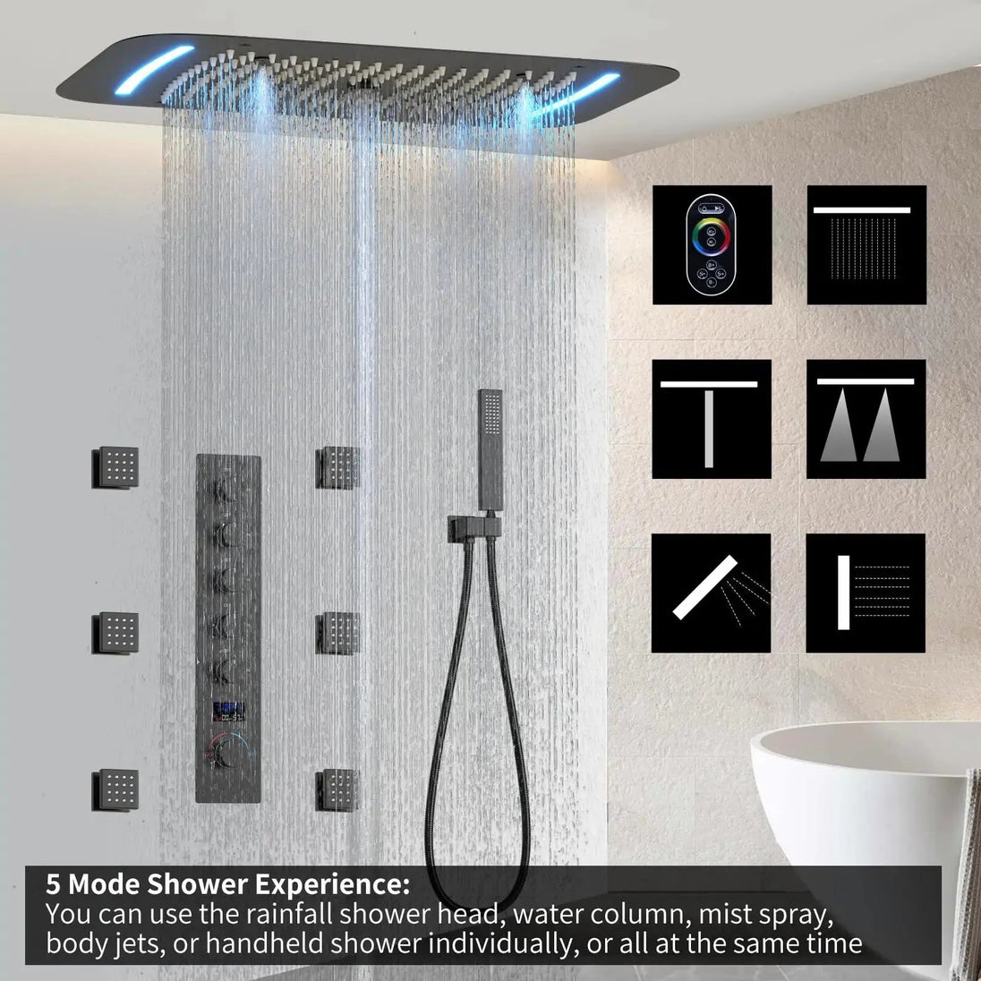Matte Black Thermostatic LED Shower Panel with Rainfall System - matte black shower panelBathroomLux