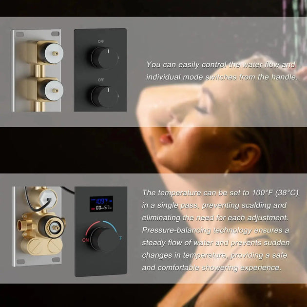 Matte Black Thermostatic LED Shower Panel with Rainfall System - matte black shower panelBathroomLux