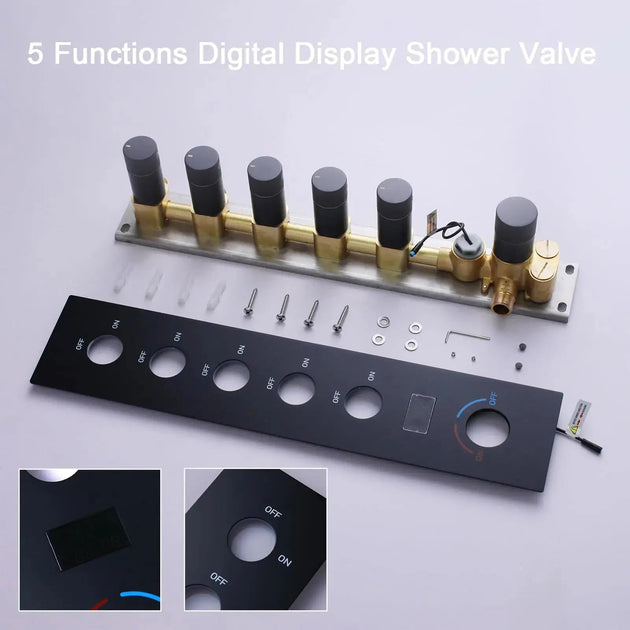 Matte Black Thermostatic LED Shower Panel with Rainfall System - matte black shower panelBathroomLux