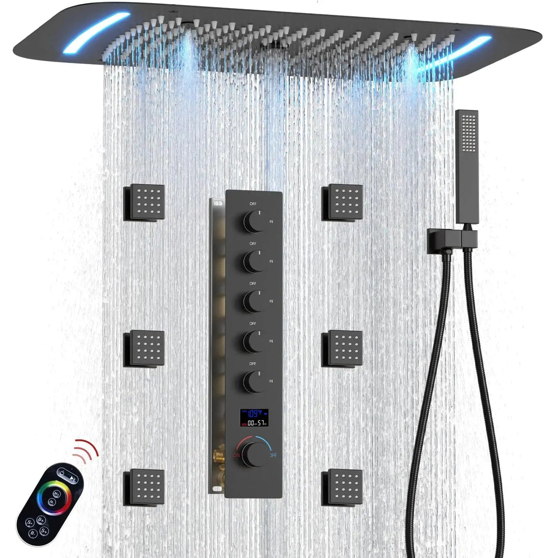 Matte Black Thermostatic LED Shower Panel with Rainfall System - matte black shower panelBathroomLux