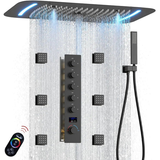 Matte Black Thermostatic LED Shower Panel with Rainfall System - matte black shower panelBathroomLux